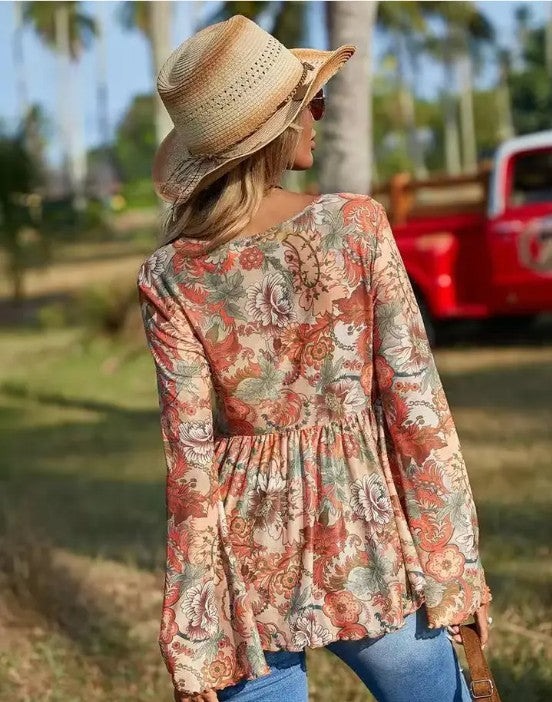 Blouse imprimée western à manches cloche