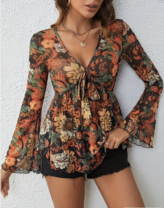 Blouse imprimée western à manches cloche