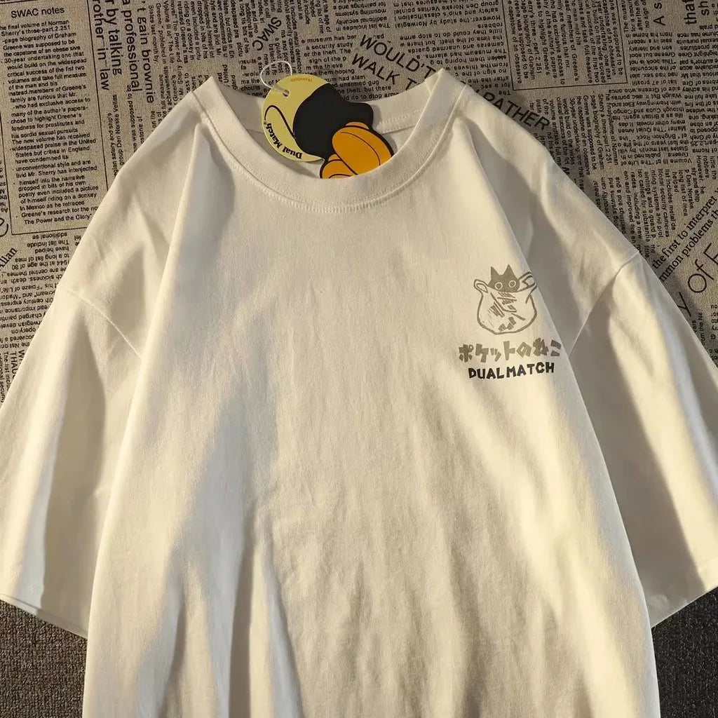 T-shirt oversize japonais rétro à poche chat – Unisexe