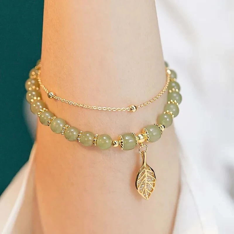 Bracelet Jade Vert Femme – Double Chaîne Dorée