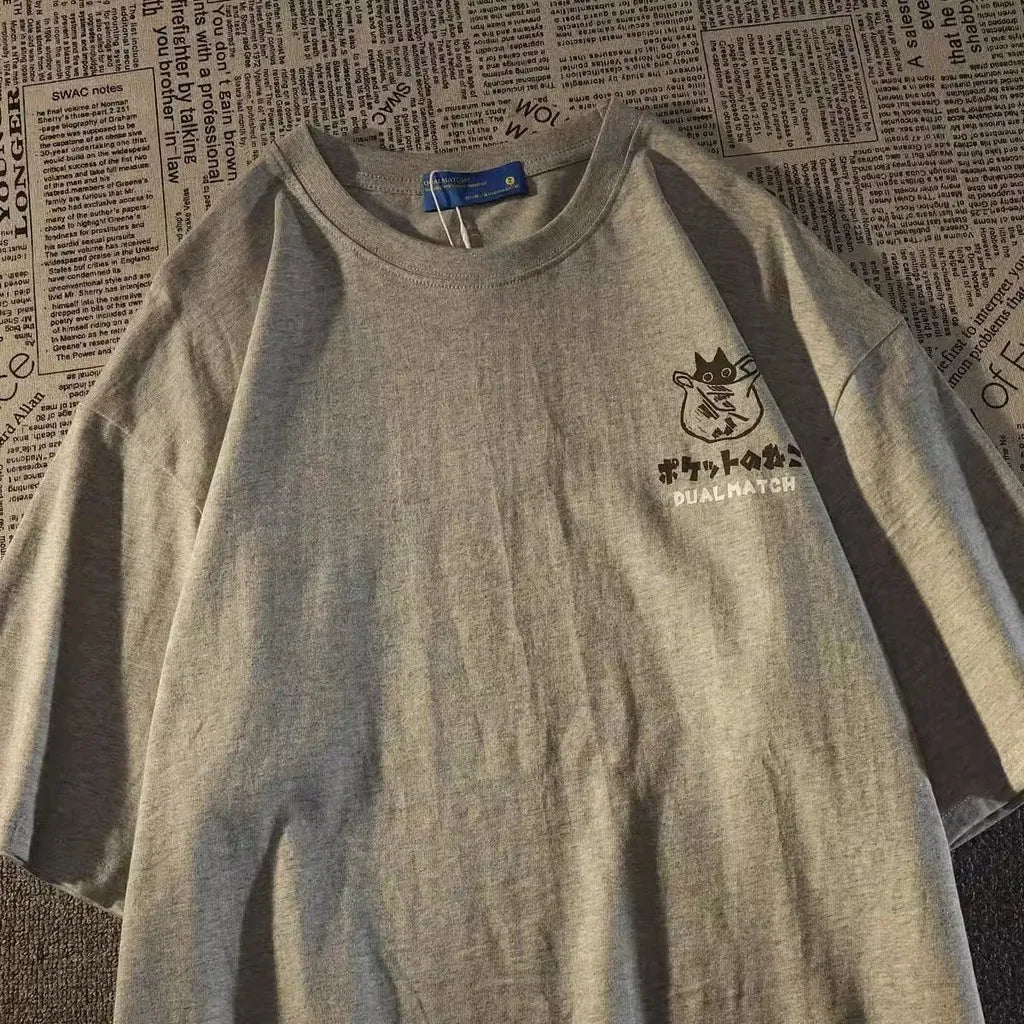 T-shirt oversize japonais rétro à poche chat – Unisexe