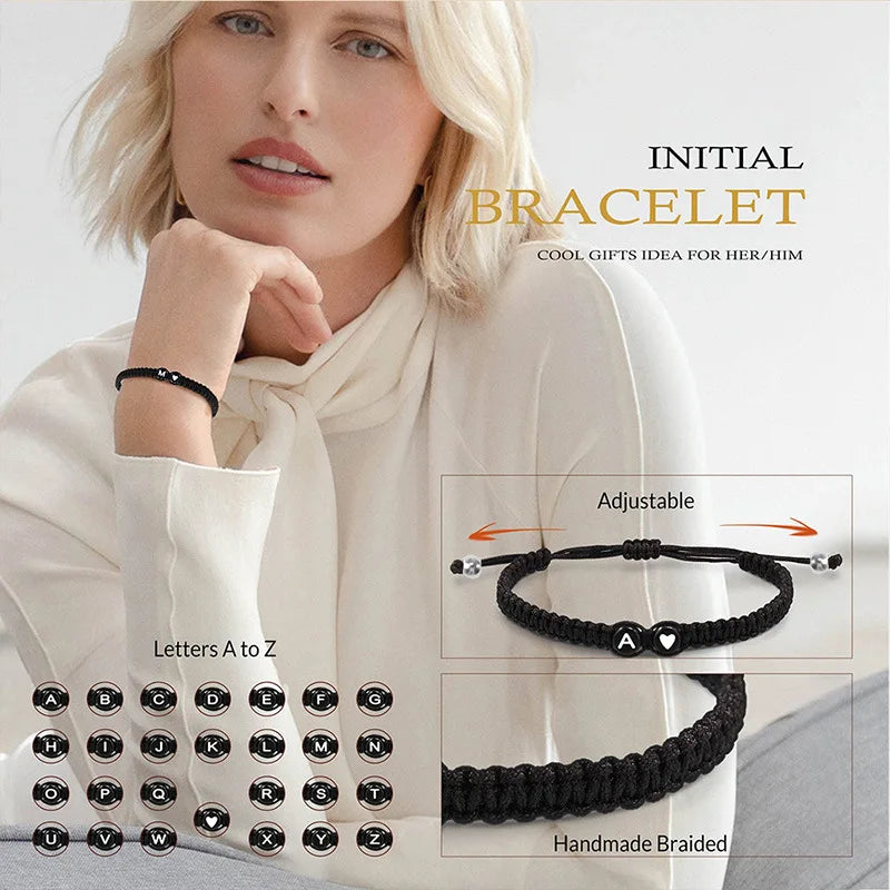 Bracelet Initiales A-Z – Cœur Tressé Réglable pour Femme & Homme