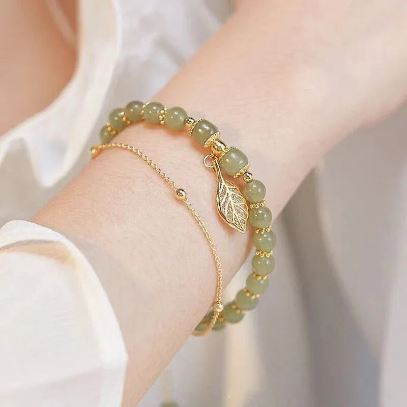 Bracelet Jade Vert Femme – Double Chaîne Dorée