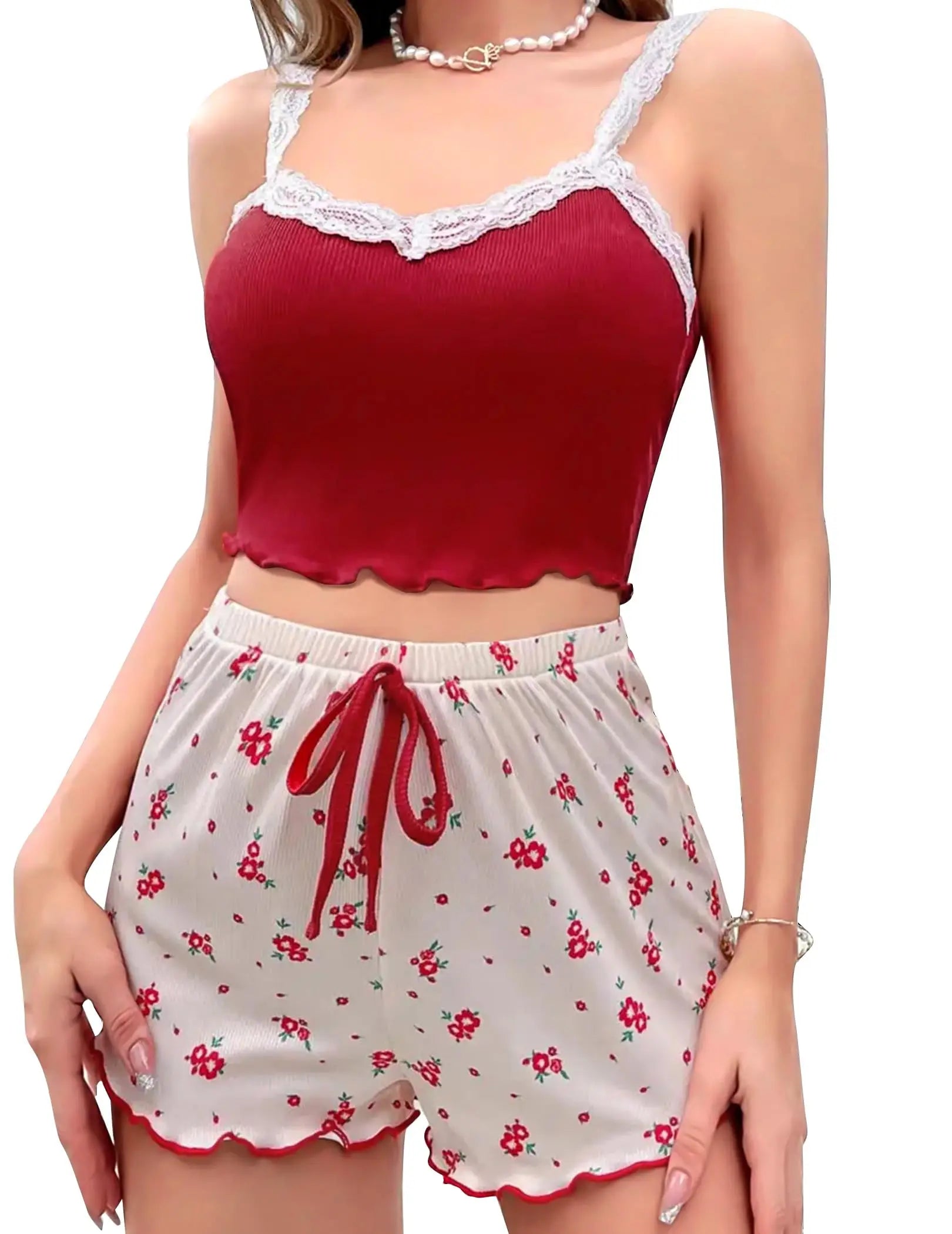 Pyjama Femme Automne – Ensemble Dentelle Patchwork Col en V