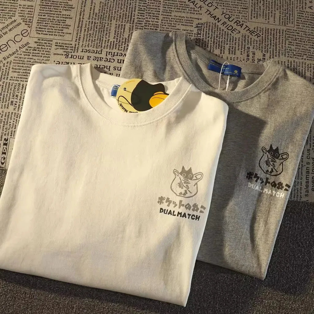 T-shirt oversize japonais rétro à poche chat – Unisexe