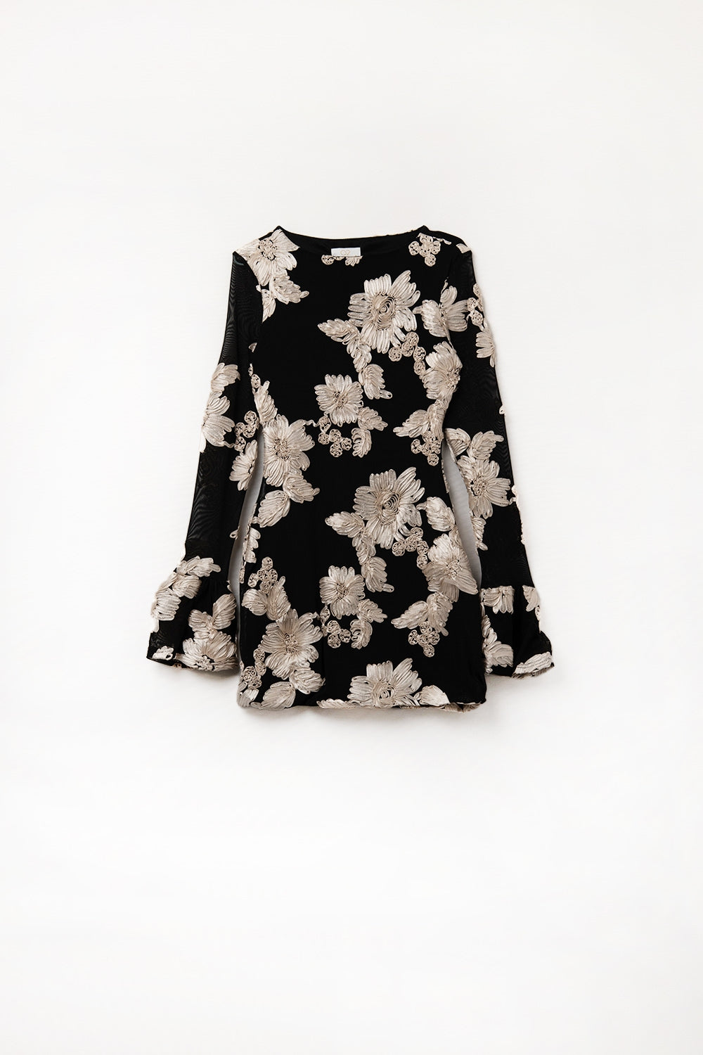 Robe mini noire en chiffon avec broderie florale